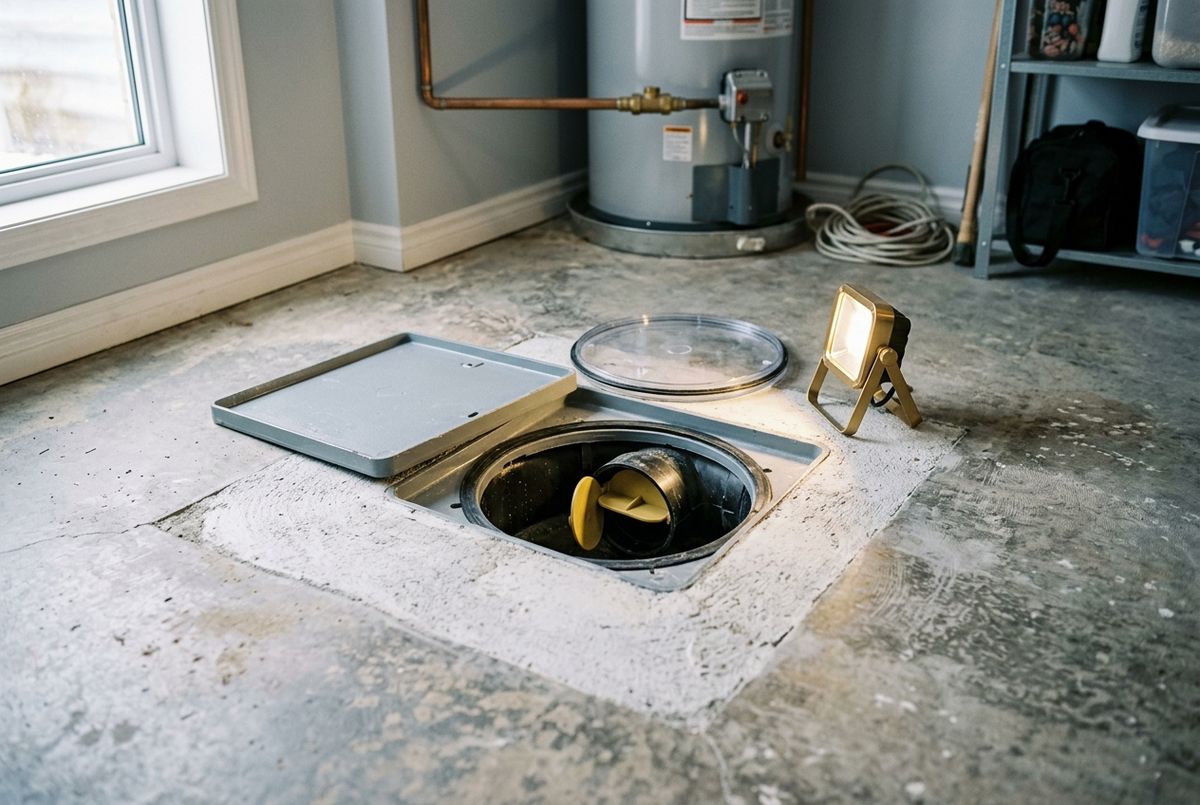 Backwater valve access cover set into the concrete basement floor of a Calgary home