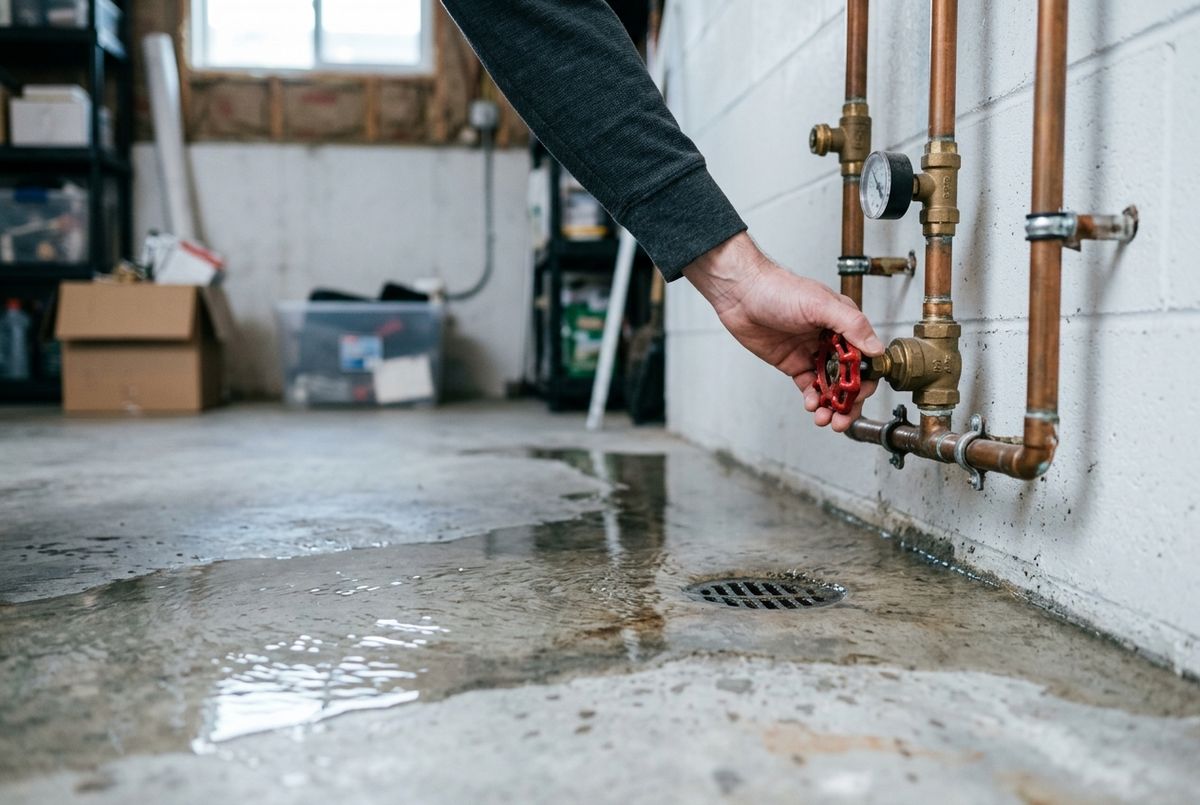 A plumber shutting off the main water valve in a flooded Calgary basement at night
