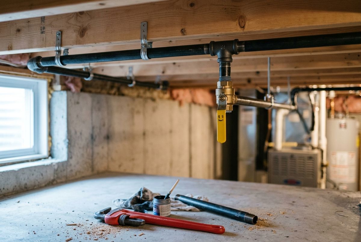 A black iron gas line stubbed through the exterior wall of a Calgary home with a shut-off valve for a BBQ connection