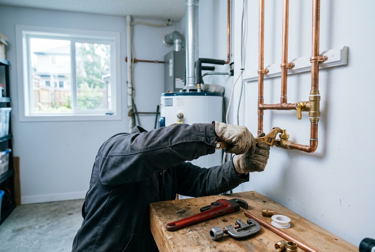 A licensed plumber working on copper supply lines in the utility room of a Calgary home