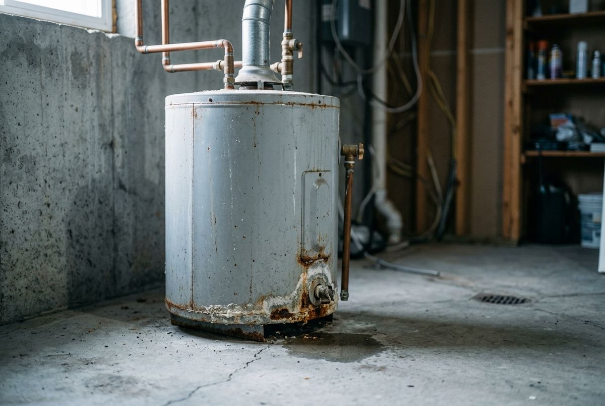 An ageing residential hot water tank in a Calgary basement utility room with scale staining around the drain valve